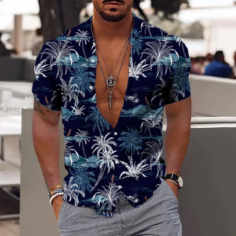 Coconut Tree Print Men's Shirt 3d Beach Casual Hawaiian Shirts For Men Fashion Street Man Clothes Oversized Short Sleeve