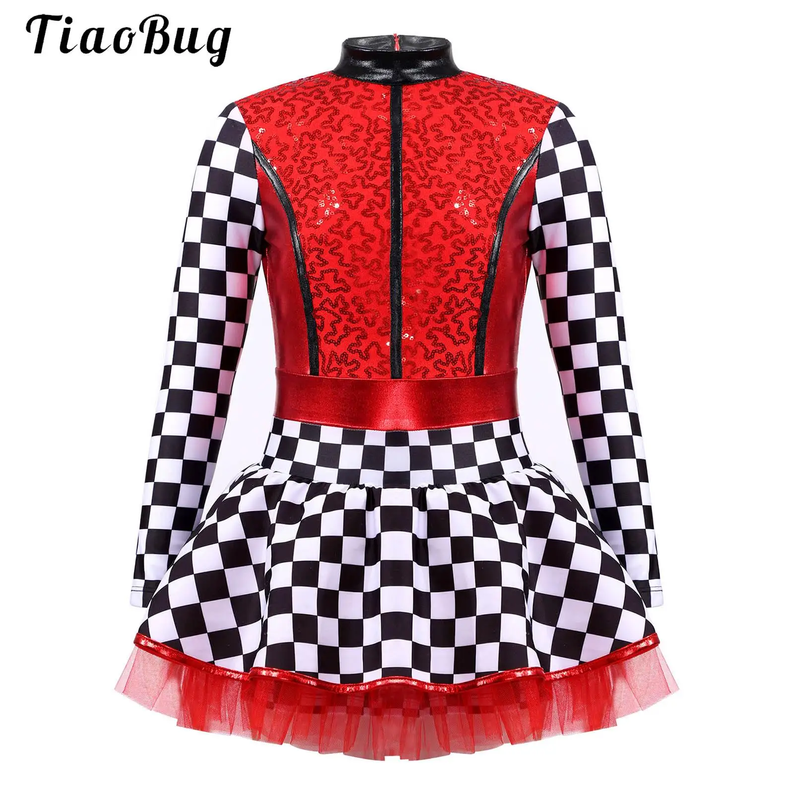 Girls Checkerboard Racer Driver Cosplay Dress Long Sleeve Sequin Tutu Leotard Dress for Kids Halloween Carnival Party Role Play