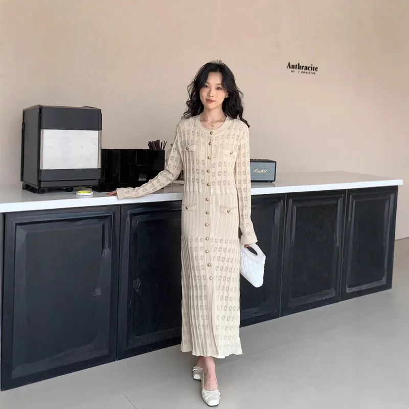 

Autumn New Plus Size Loose French Crochet Hollow Sweater Knitted Long Sleeve Long Dress Women