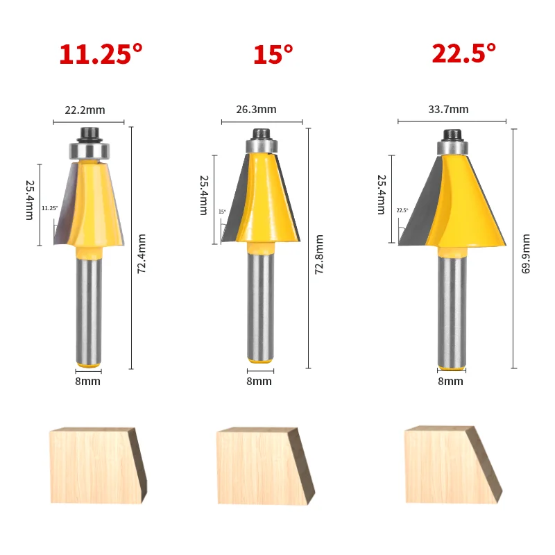 6.35MM 8MM Shank 11.25° 15° 22.5° 30° 45° Chamfer Router Bit 4Pcs/Set 5Pcs/Set Woodworking Milling Cutter for Wood Face Mill