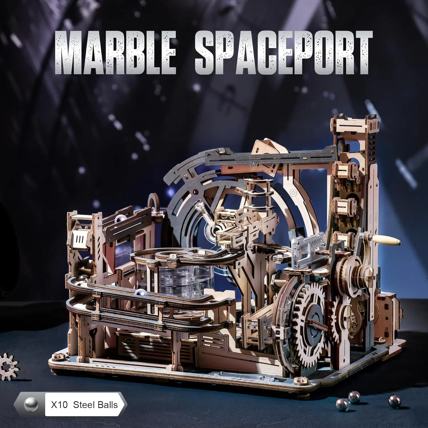 Robotime Rokr Electric Model Kits Marble Spaceport 3D Puzzles Brain Teaser Wooden Puzzles Building Toy Gifts for Men/Women/Teens