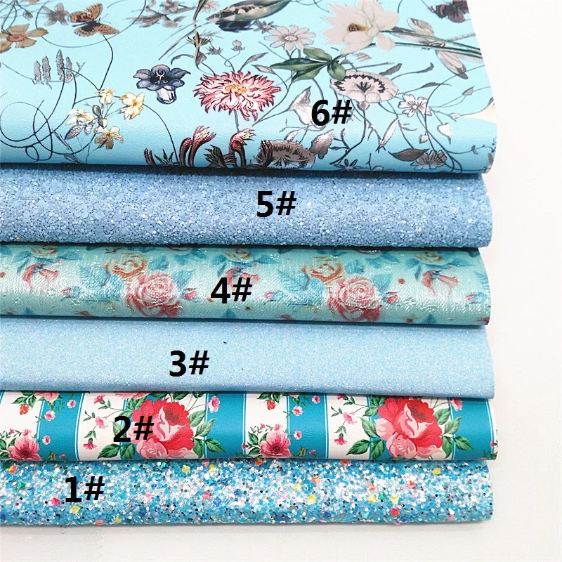 Blue Chunky Glitter Leather Sheets Roses Stripes Flowers Printed Leather Glitter Fabric Material for DIY Craft 8.2