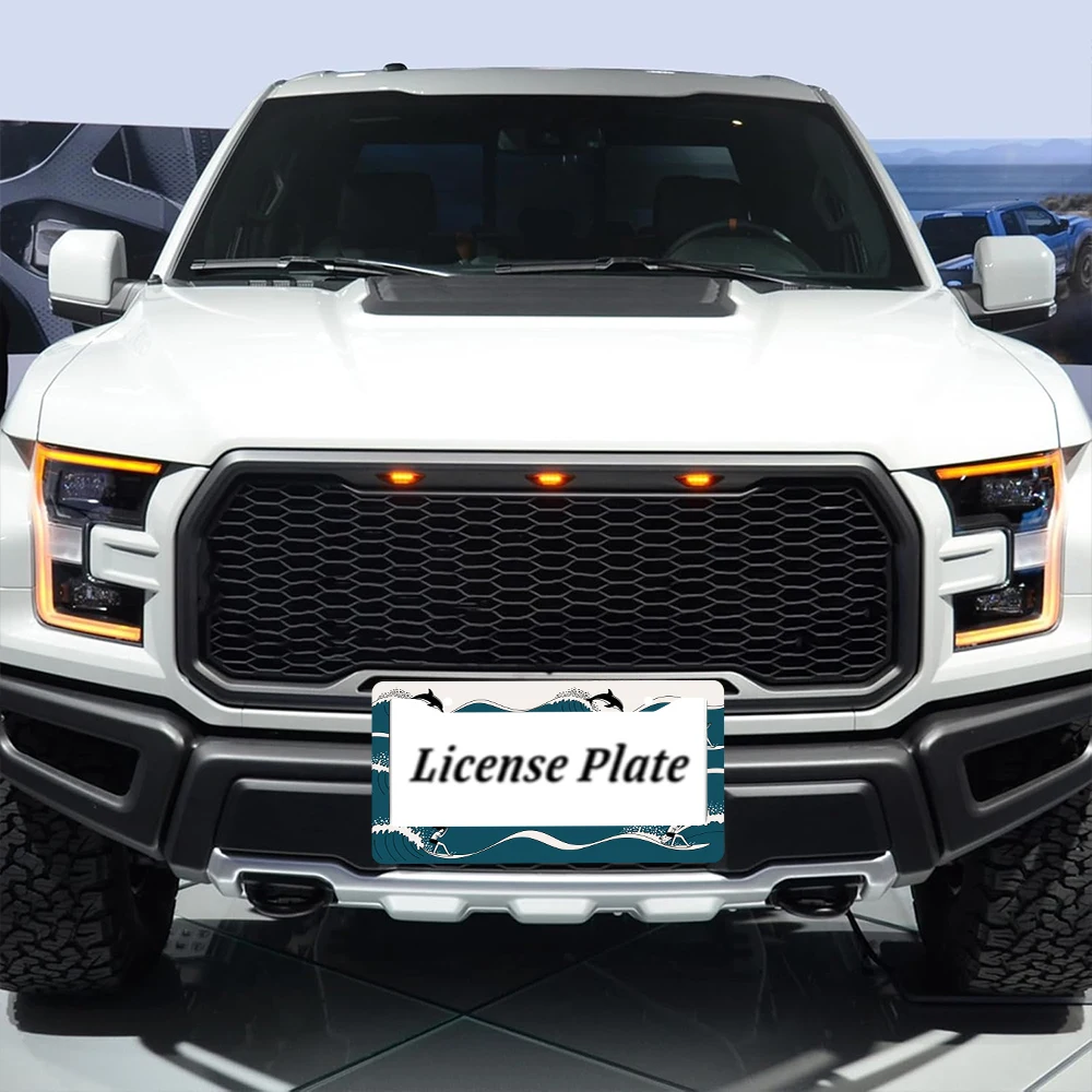 1pc azul surf golfinhos padrão 2 furos quadro da placa de licença, material de alumínio, 6x12 polegadas com kit de parafusos, carro retro novidade