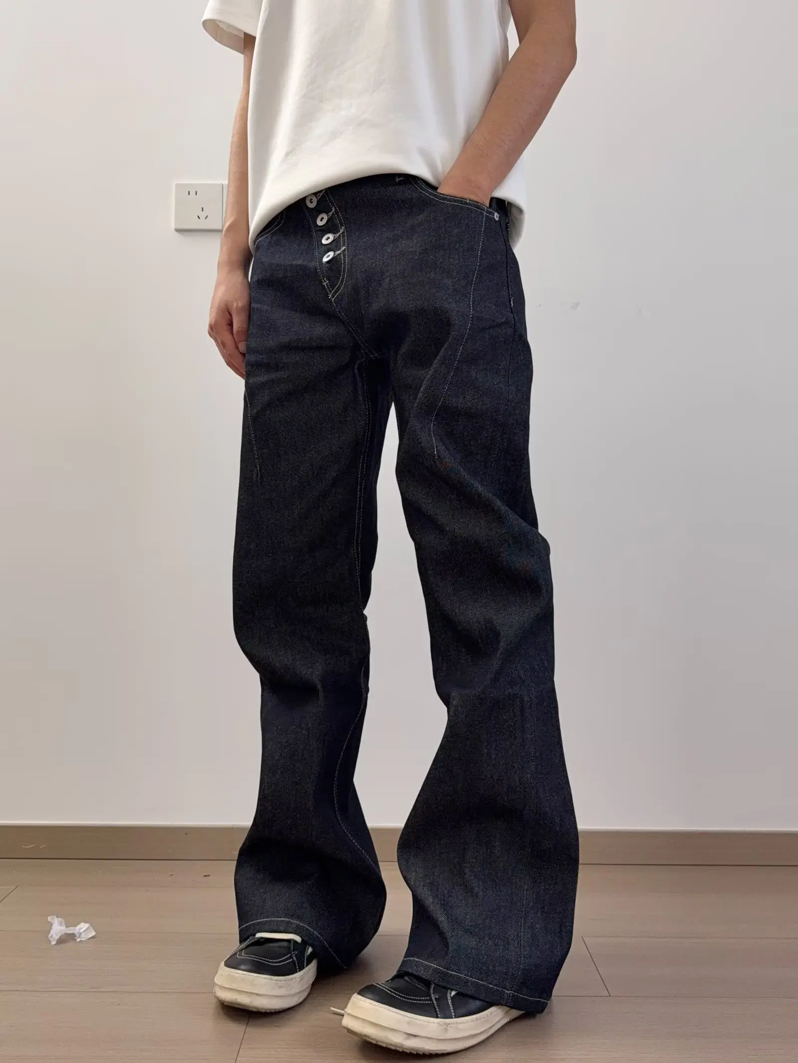 High Street Buckle Curved Jeans High Street Cleanfit Drak Black Jeans for Men and Women Straight Vintage Casual Denim Trousrs