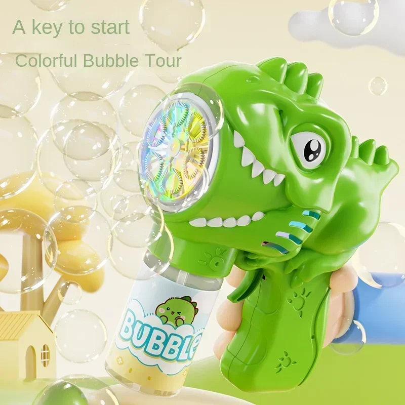 Máquina de bolhas de dinossauro com 6 buracos, pistola de bolhas totalmente automática com soprador de sabão automático leve, brinquedos de jogo ao ar livre