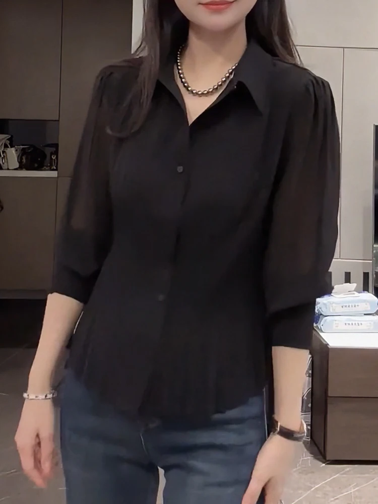 

Модный облегающий удлиненный топ с отложным воротником для полных женщин, осень 2025, в стиле французской повседневной одежды