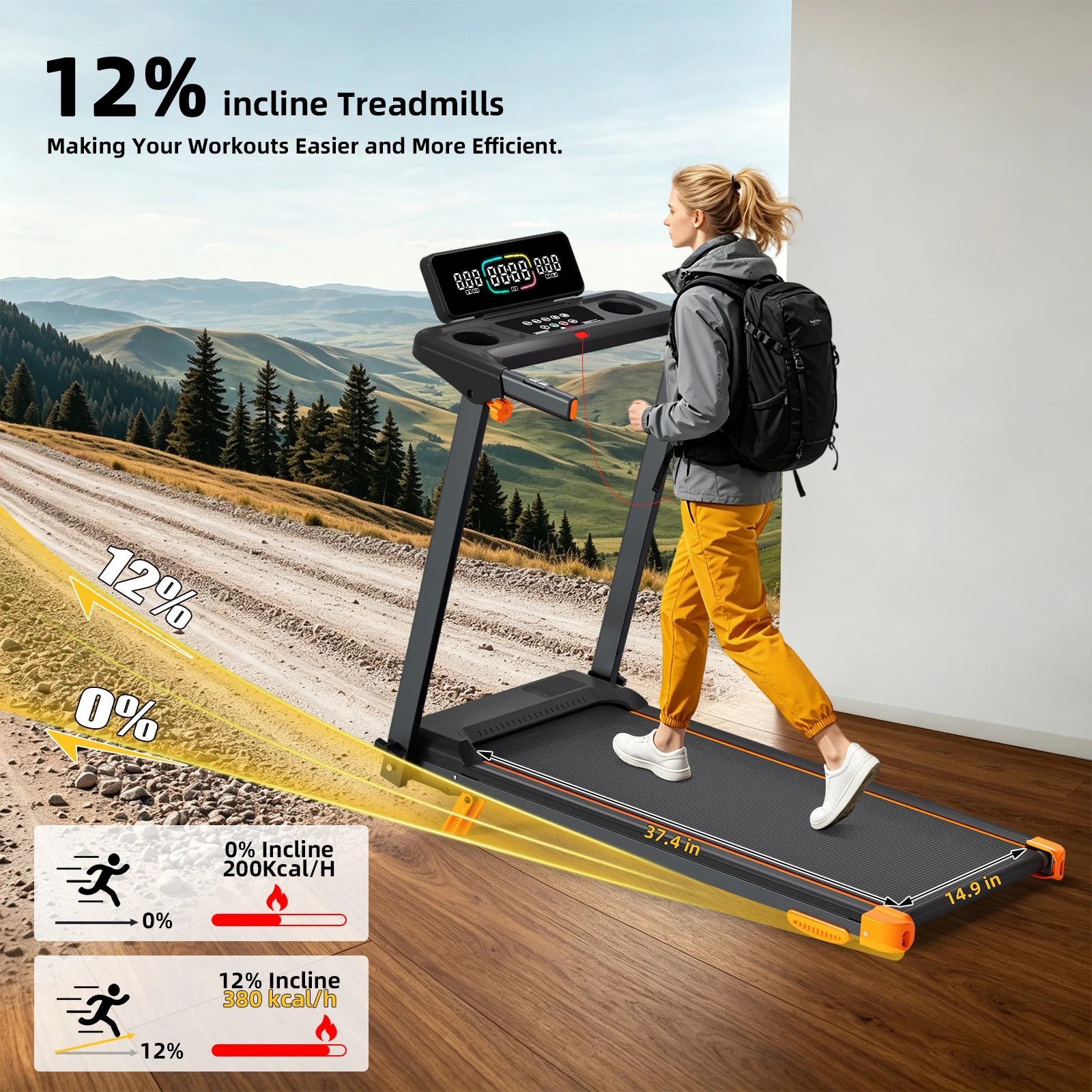 Walking Pad Treadmill for Home Gym, 3-in-1 Foldable Design, 12% Incline, 12 HIIT Modes, 300 LBS Capacity, Quiet Smart Motor with LED Display, Heart Rate Sensor, Speaker