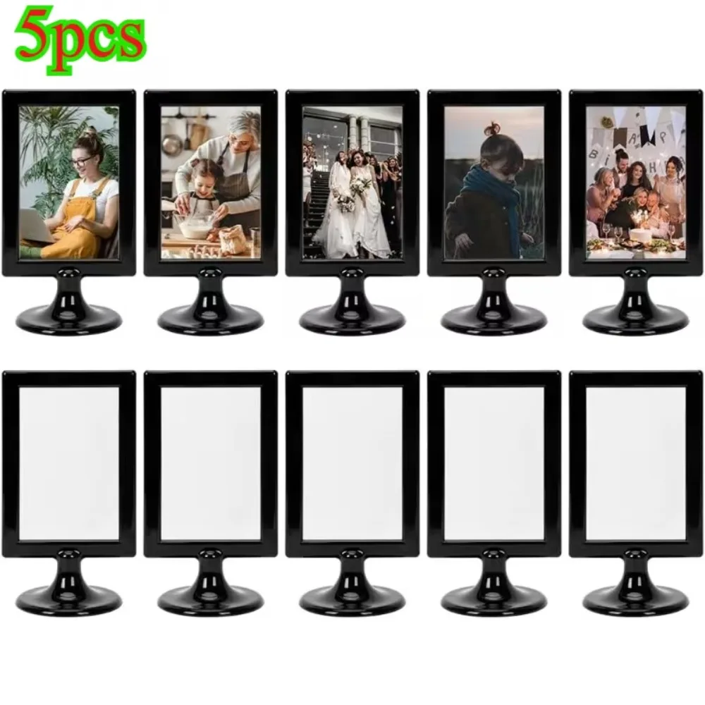 5pcs Double-Sided Vertical Photo Frames, 2.9X4 Inch Plastic Frames with Slot And Base, Black Tabletop Display Frames