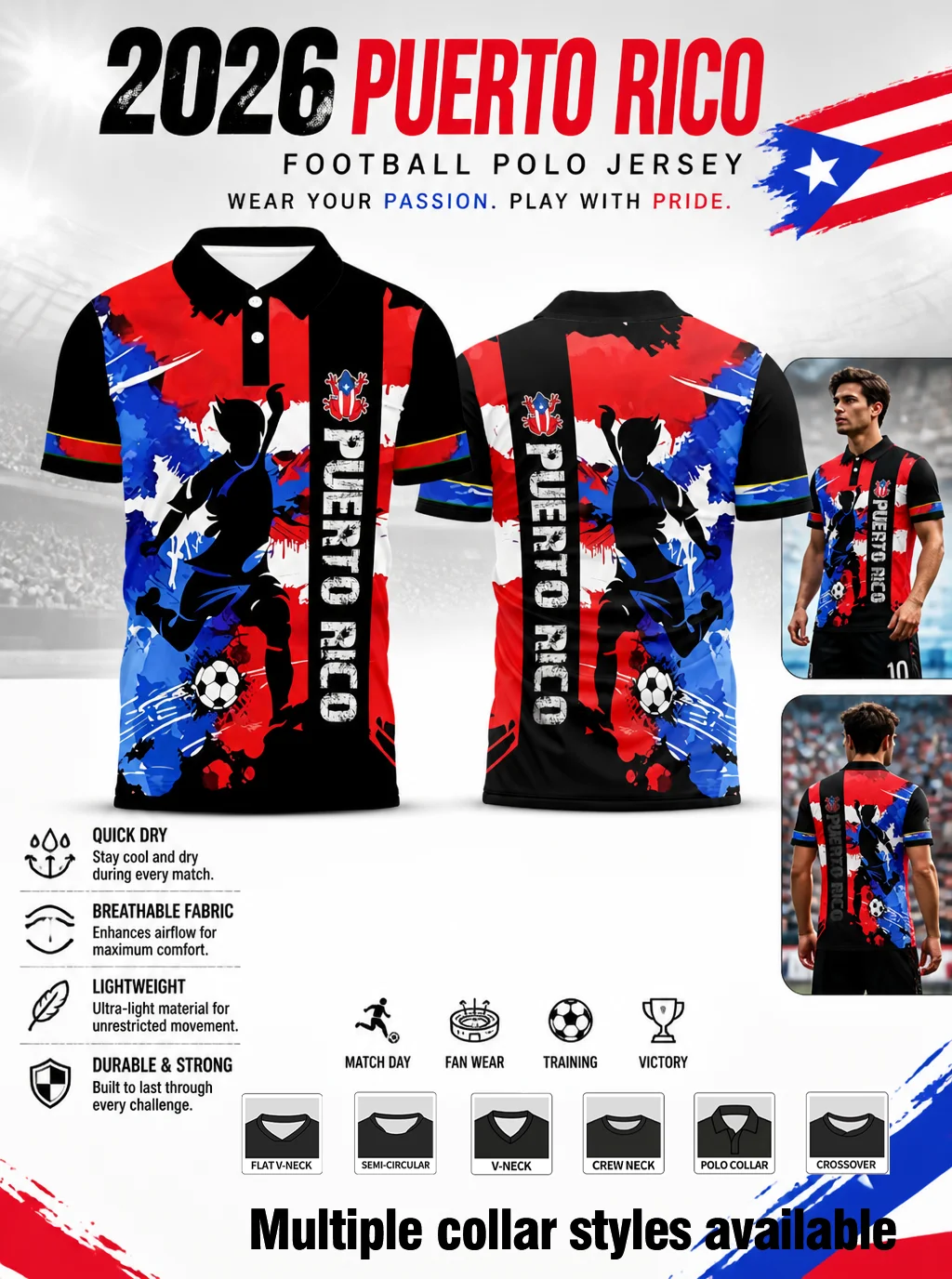 Eye‑catching red‑blue‑black Puerto Rico soccer shirt, vertical vintage letter print, breathable cloth for stadium‑wearing