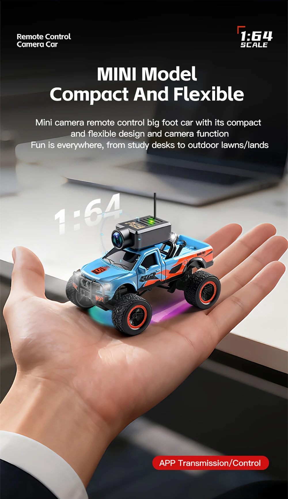 WLtoys 1/64 RC Cars 6407 Camera Monster Truck APP Transmission/Control LED Lights 3 Speed with Display Compatible with VRGlasses