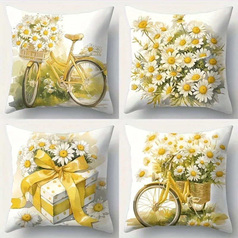 Boho Floral Daisy Spring Bicycle Pattern Cushion Covers Set 4 Pieces Vintage Cottagecore Home Decor Throw Pillows for Living