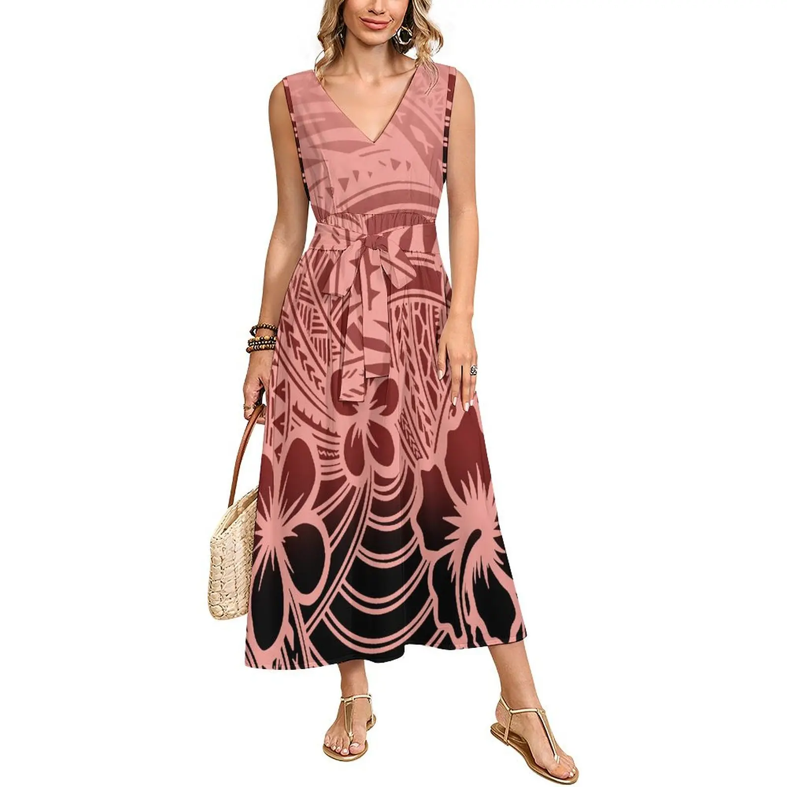 

Женское платье без рукавов с длинной завязкой на талии и v-образным вырезом в стиле ретро, летнее полинезийское праздничное платье на заказ