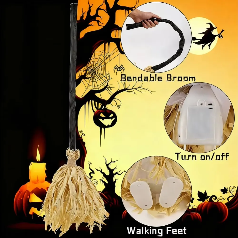 Glowing Animated Dancing Witch Broom with Sounds Movable Halloween Magic Witch Broomstick Walking Feet Bendable Stick