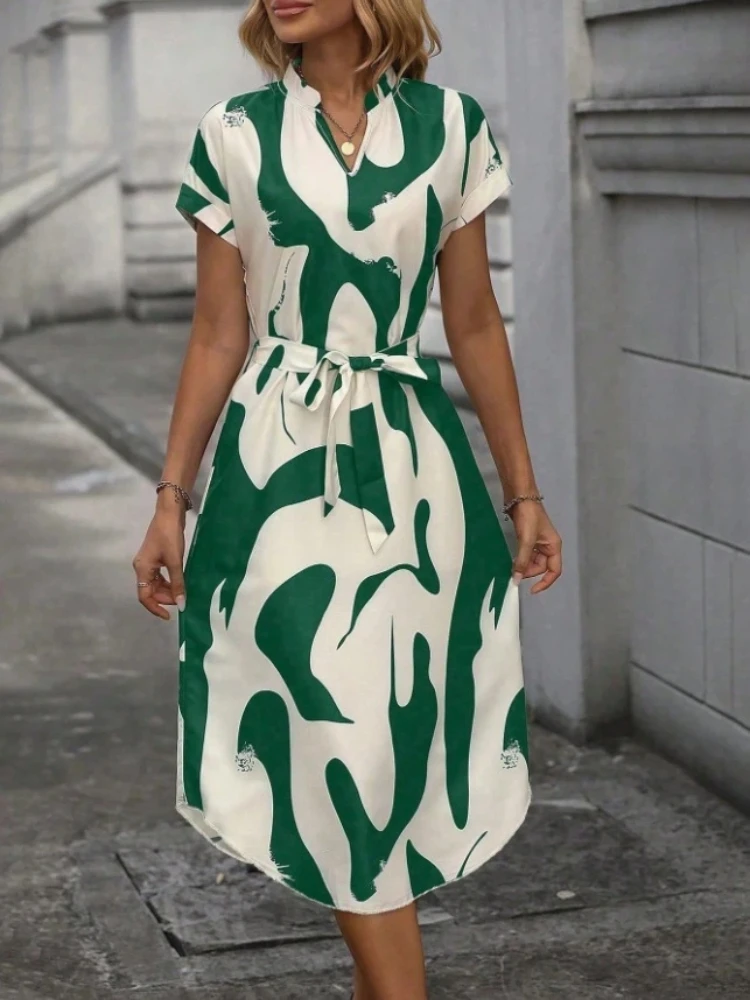 2025 ฤดูร้อน Lace Up Casual Boho ชุดสตรี V คอแขนสั้น Flowy ชุดมินิเซ็กซี่ Casual Beach Sundress MIDI ชุด