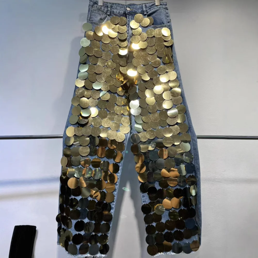 Sequin Jeans Handmade Bead Heavy Industry Decoration Straight Tube Slimming Street Trend High Waisted Jeans for Women