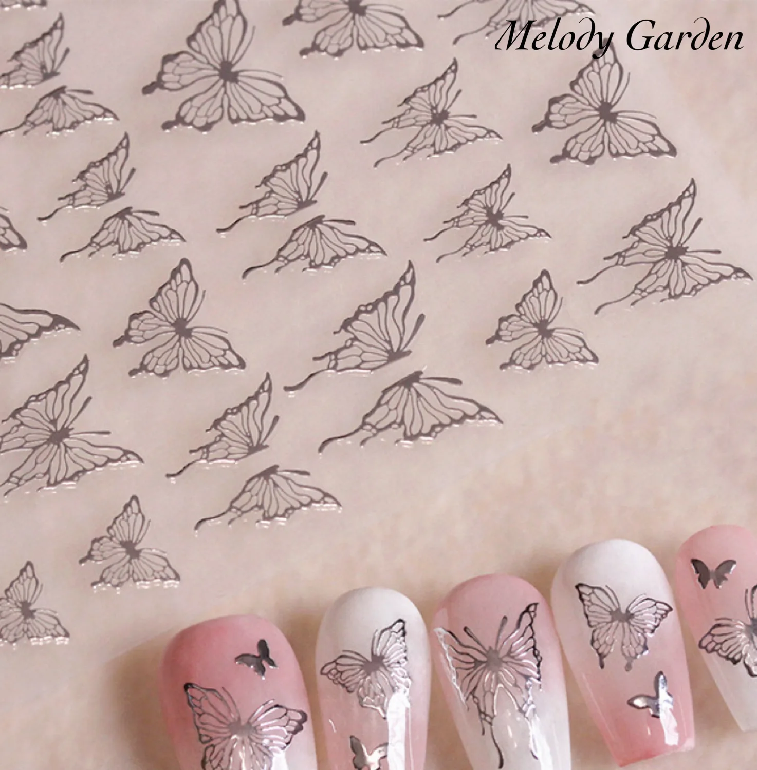 

3D Adhesive Nail Decals Elegant White Butterfly Outlines on Red Gold Silver Metallic Decals Stickers for Nails Manicure decals