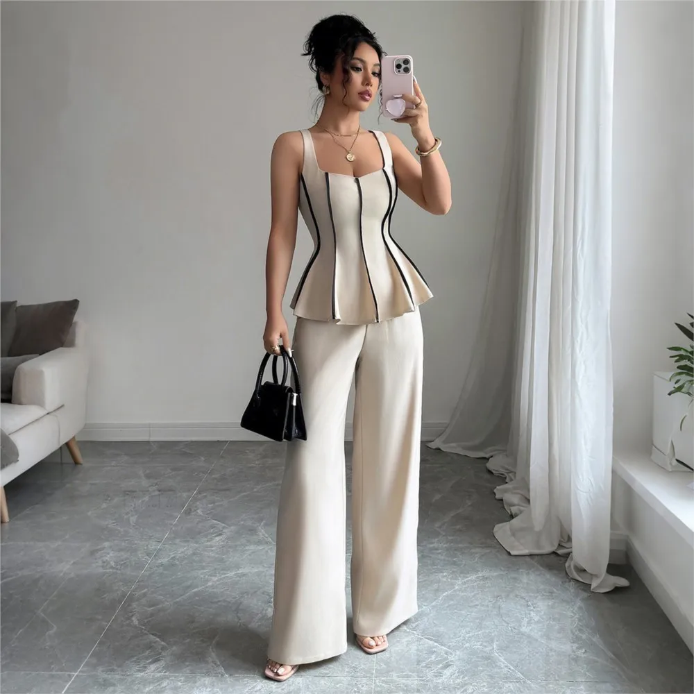 

Fashion Sexy Striped Suspender Women's Tops Trousers Two-piece Set Brand New Summer Elegant Sleeveless Vest Wide-leg Pants Suit