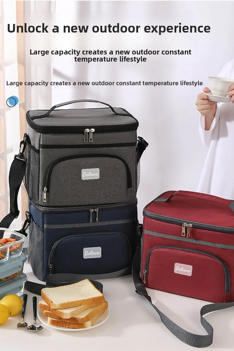 Isolierte Tasche, große Picknicktasche für den Außenbereich, isolierte Umhängetasche aus Oxford-Stoff, verstärkte Kühltasche mit Aluminiumfolie. – Detail 1