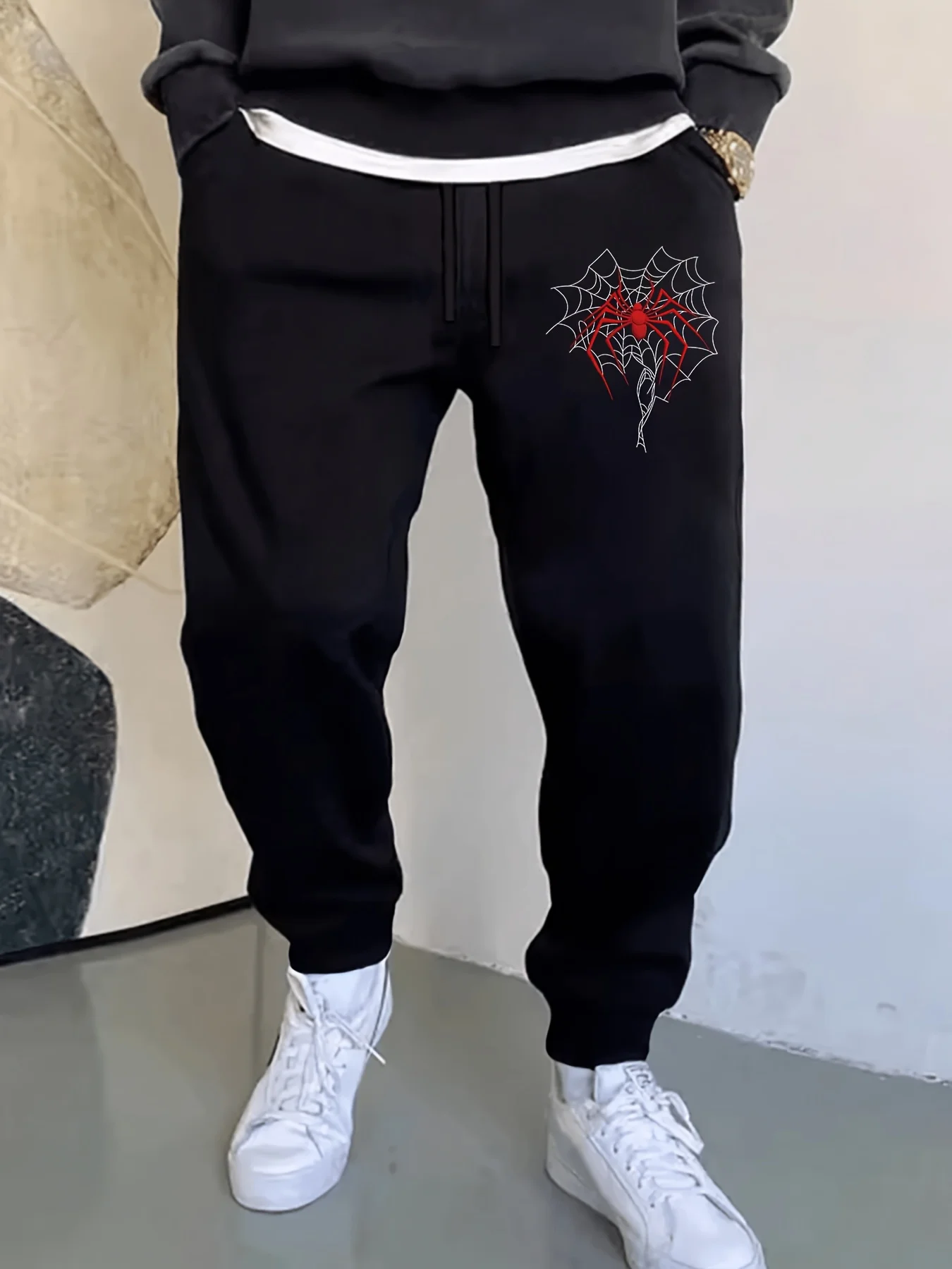 Creature‑theme‑hiphop cool spider web sketch graphic comfy dual‑leg sweatpants men hip hop sports jogger trousers