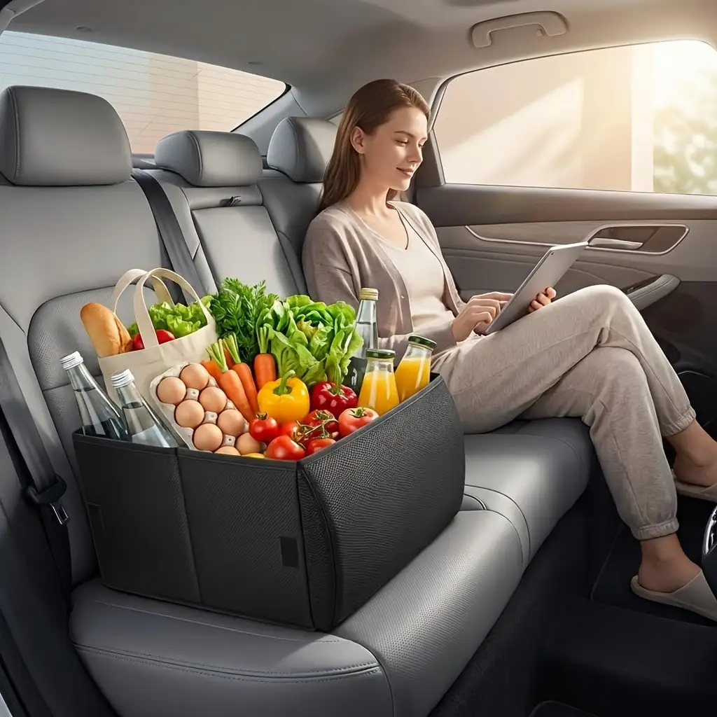 

Multifunctional car back and waist support pillow with storage space. Made of memory foam, foldable and detachable. Serves as seat cushion and storage box, perfect for storing daily items on the passenger seat.