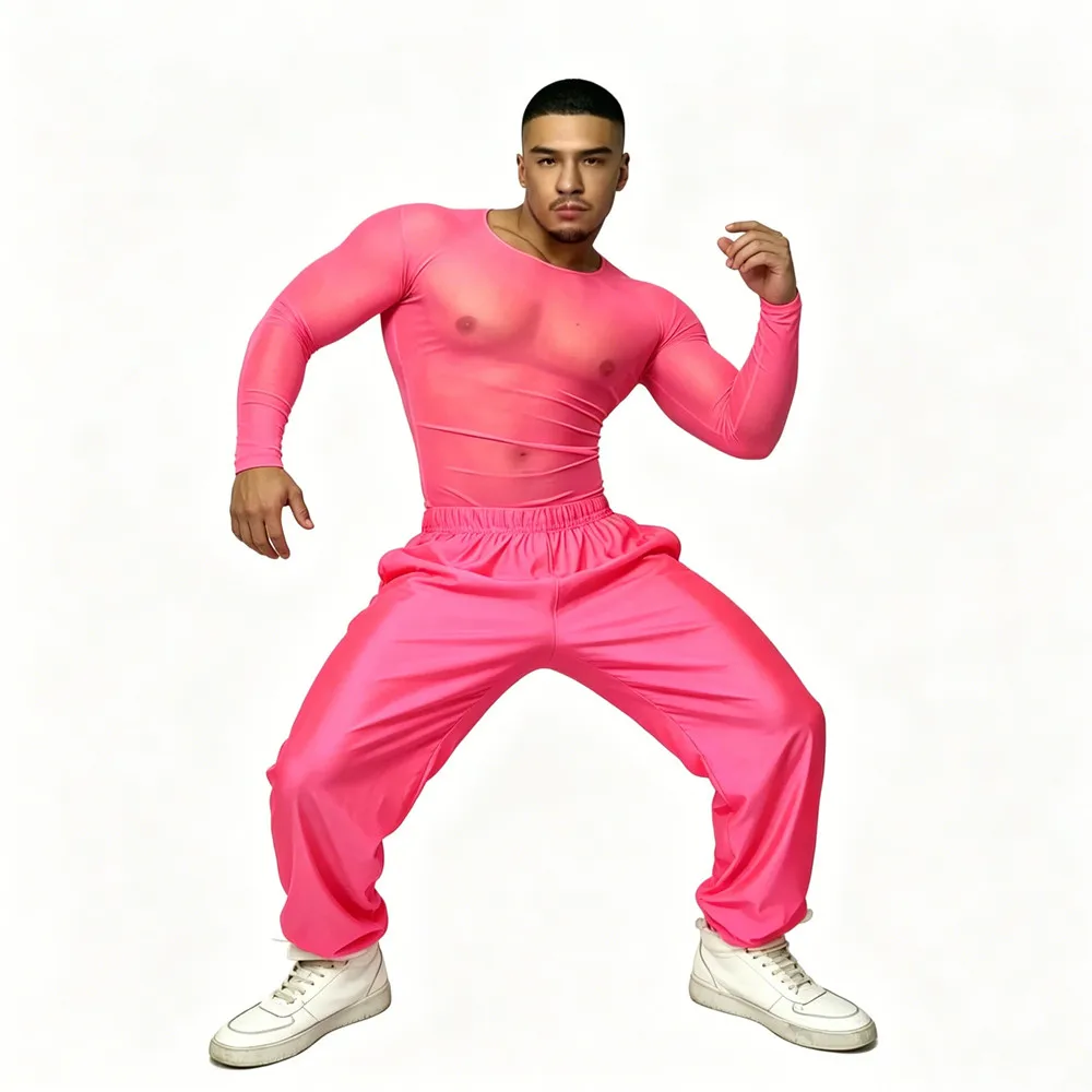 

Club Party Nightclub Male Dancer Singer Stage Wear Pink Mesh Tops Pants 2 Piece Set Festival Event Carnival Rave Outfit Costume