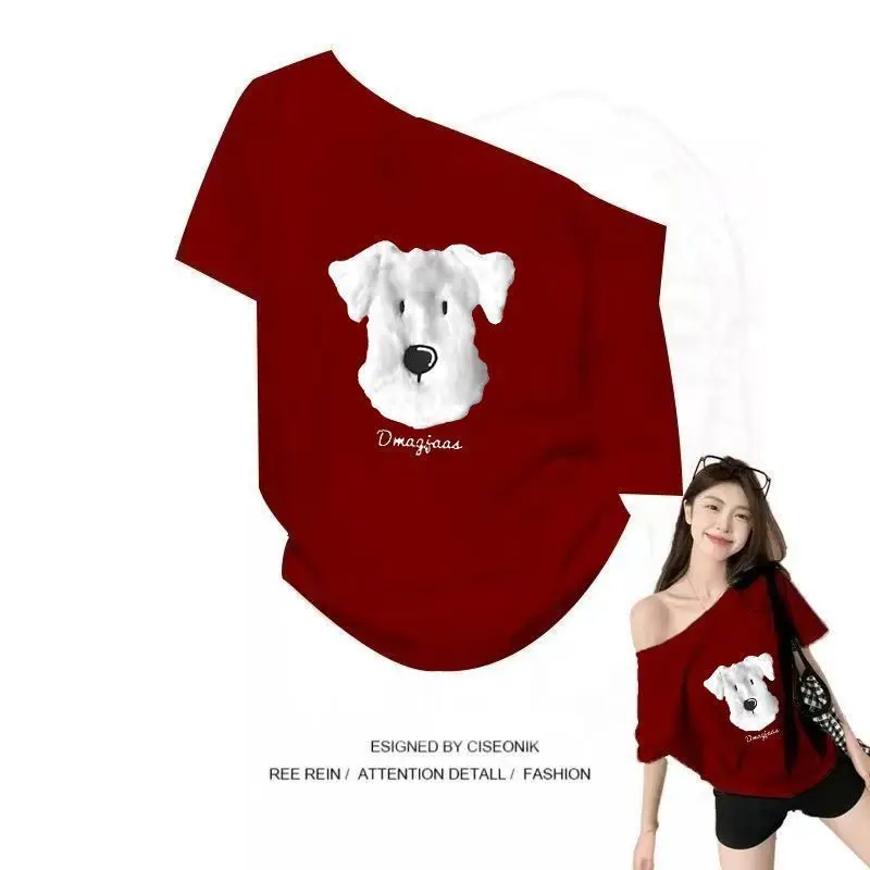 

Puppy Print Slanted Shoulder Short Sleeved Sweet Wine Red Summer Slim Cartoon T-shirt Personalized Niche Loose Half-sleeved Top