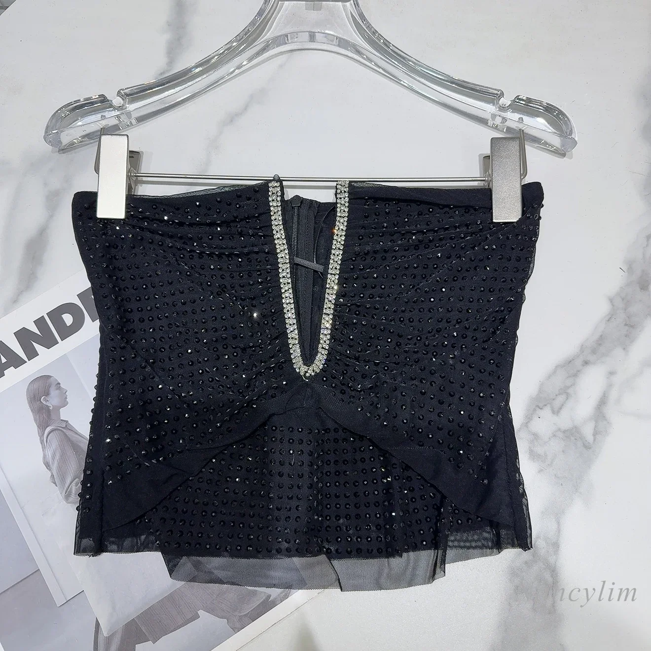 2025 Spring Summer Y2K Top Ladies New Sexy Socialite V-neck Large Particle Hot Diamond Mesh Tube Top Black Tank