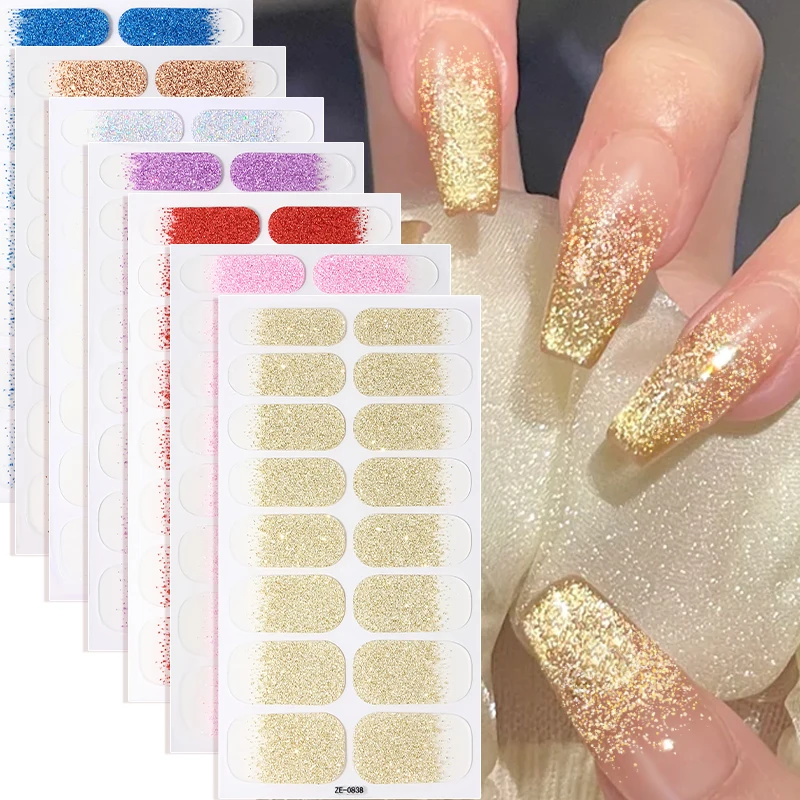 16Tips Gradient Glitter Full Cover Nail Sticker Sparkly Nail Polish Strips Long-Lasting Self Adhesive Manicure Art DIY Decor