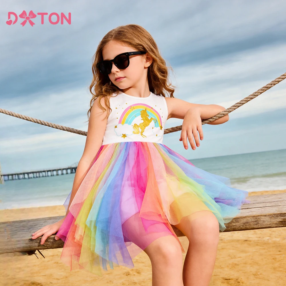 DXTON Kids Dresses For Girls Children Summer Outfits Sleeveless Princess Mesh Tutu Dress Rainbow Unicorn Toddler Cartoon Dress