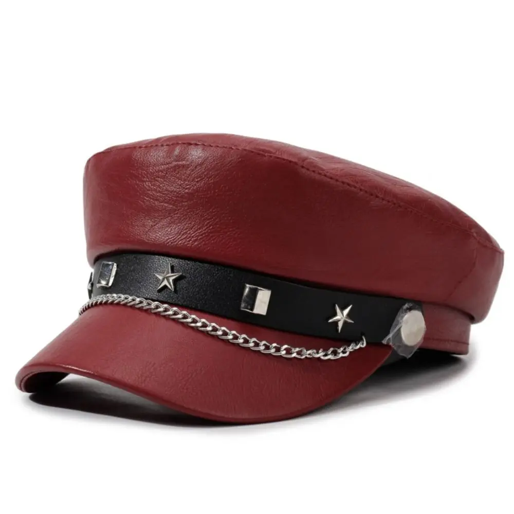 Korean Style PU Leather Newsboy Hat Metal Chain Decor Star Strap Baker Boy Cap Solid Color Casual Naval Cap Daily Wear