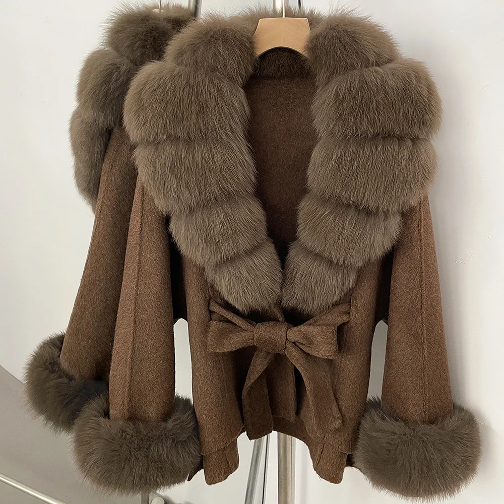 OFTBUY Luxuriöser Echtfuchs-Pelzkragen Wollmantel für Damen Neue Herbst-Winter-Kleidung mit Natürlichem Pelzgürtel 100% Wollmantel für Frauen – Detail 9
