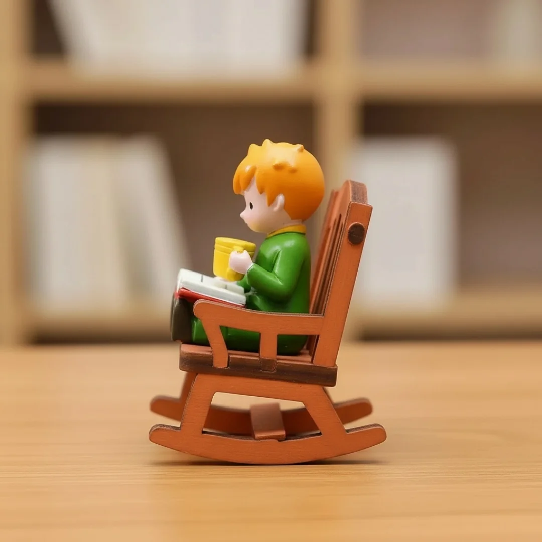 Märchenprinz Schaukelstuhl Lesebeigur Niedliche Miniatur-Desktop-Ornament für Zuhause, Büro, Regal, verträumtes Geschenk für Kinder – Detail 6