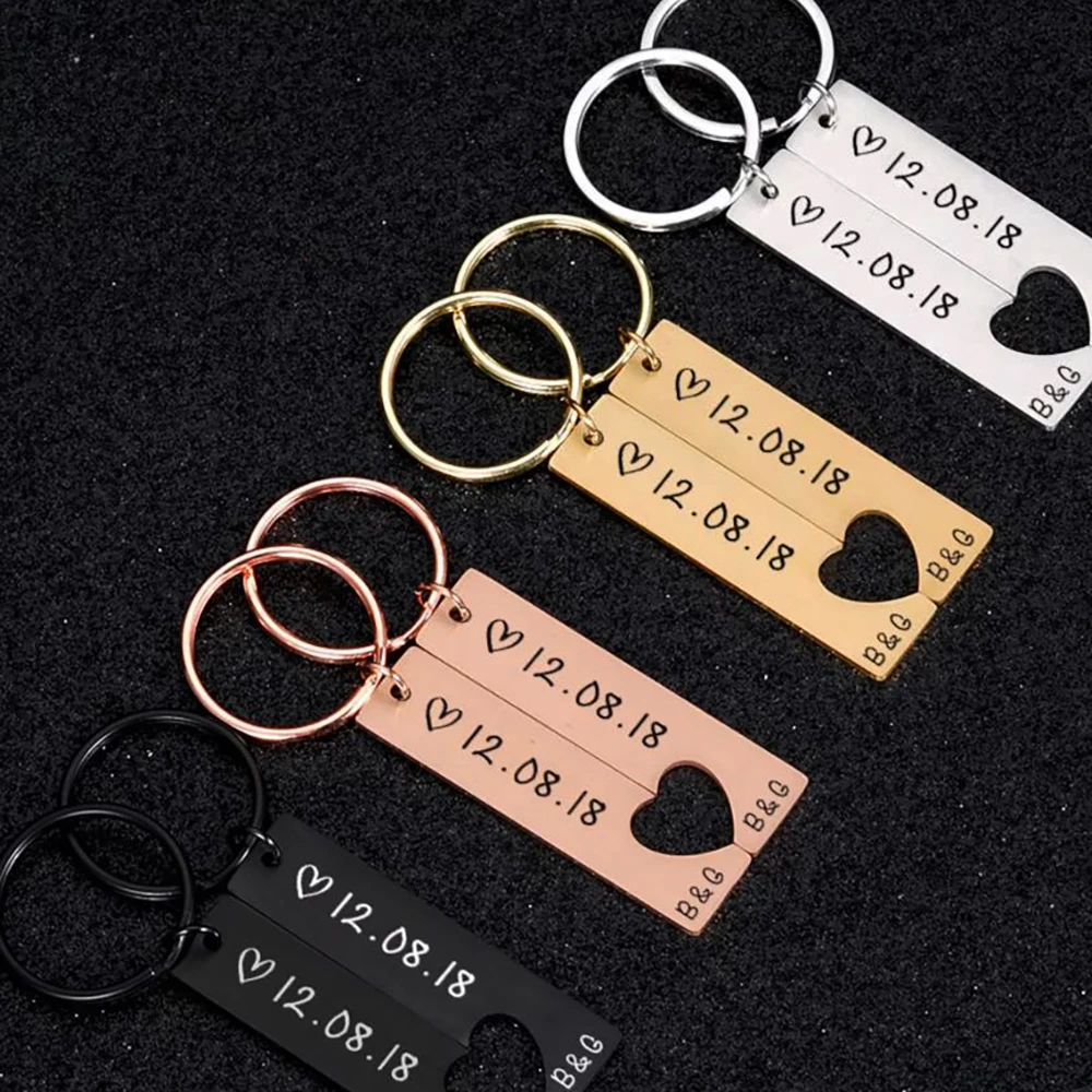 Custom Split Heart Matching Couple Bar Keychains Personalized Initial Date Stainless Steel Gold Rose Black Silver Lover Souvenir