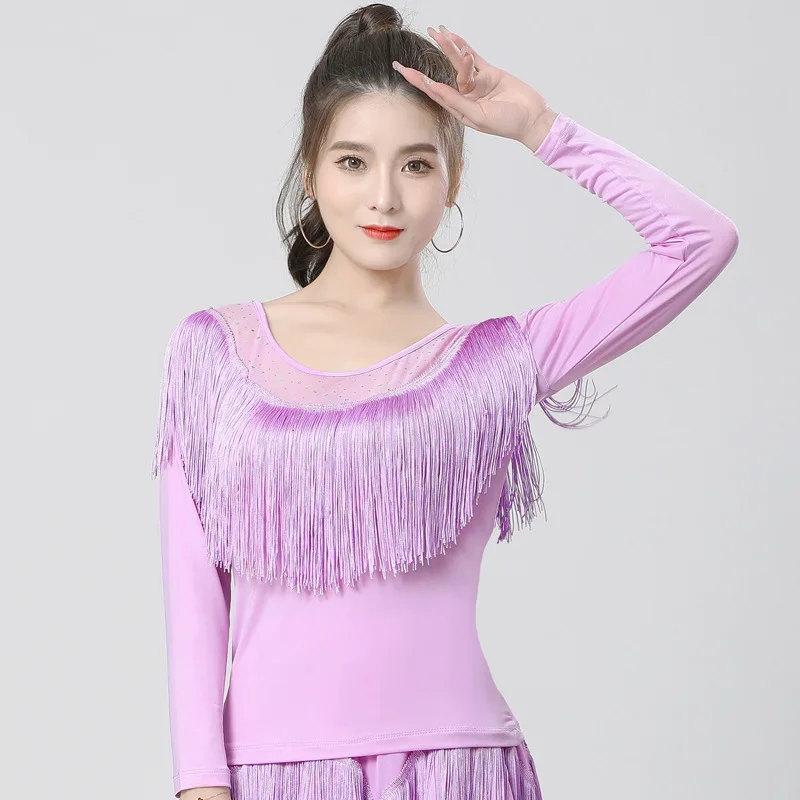 Người Lớn Nhảy Latin Trang Phục Nữ Phòng Khiêu Vũ Nhảy Mùa Thu Tay Dài Tua Rua Đầu Kim Cương Dancewear Giai Đoạn Thi Đấu Mặc Áo Vải