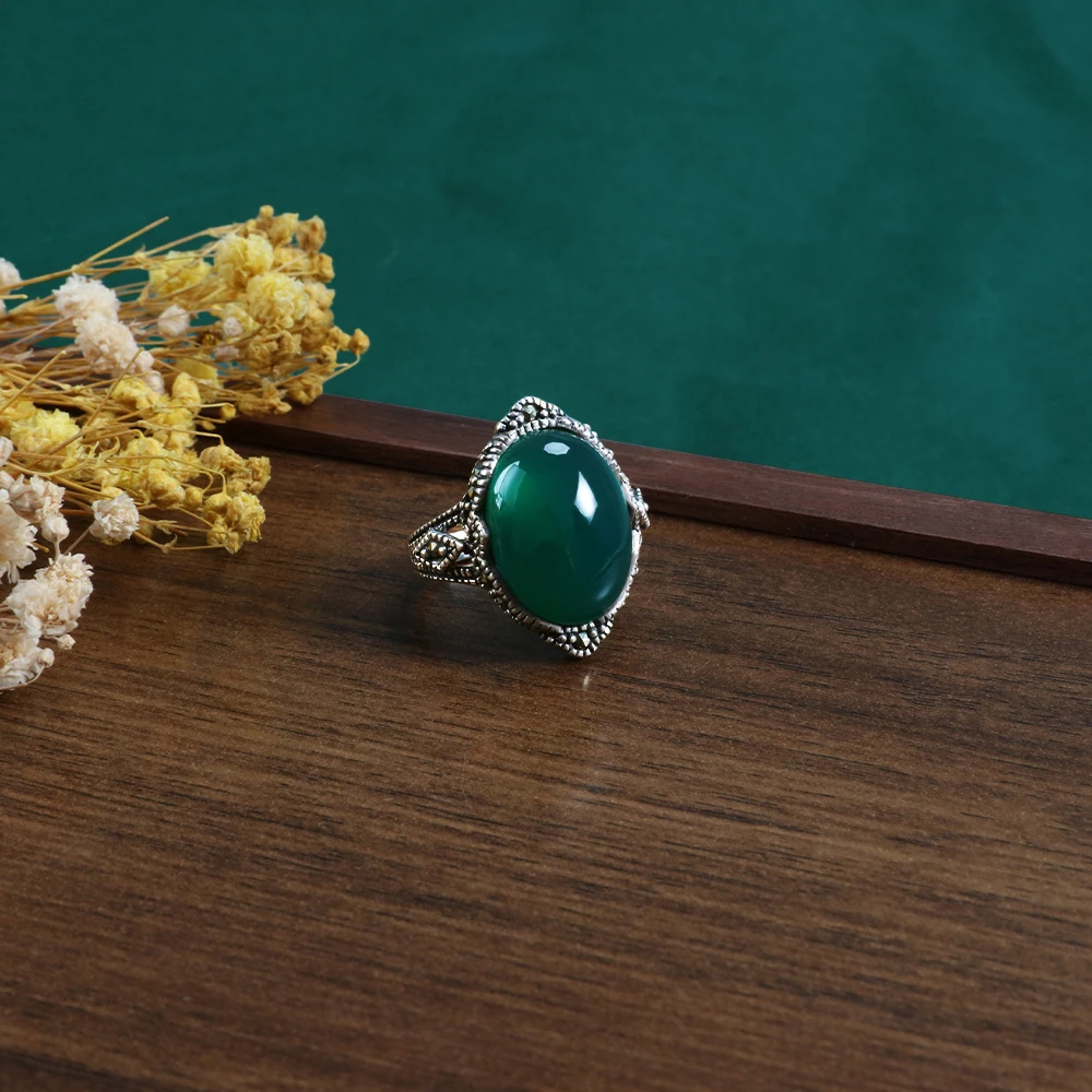 YYSuniee Retro Classic Solid 925 Sterling Silver Green Onyx Agate Ring with Chalcedony Gemstone Marcasite for Women Fine Jewelry