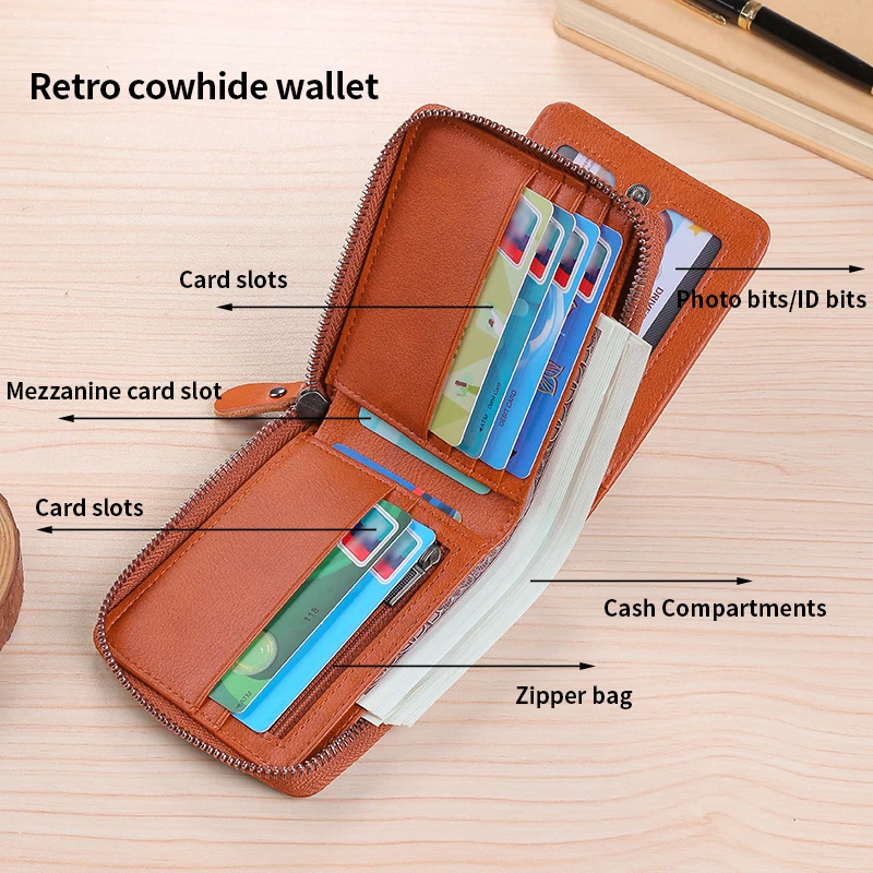 Wallet men's short leather 2024 new pure cowhide zipper popular driver's license card bag style leather clip wallet image 5