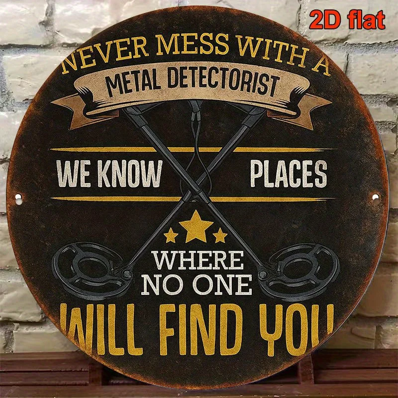 2D Flat Retro Metal Detector Round Aluminum Sign - Treasure Hunter Wall Decor for Bar Garage Living Room Office Cafe Gift