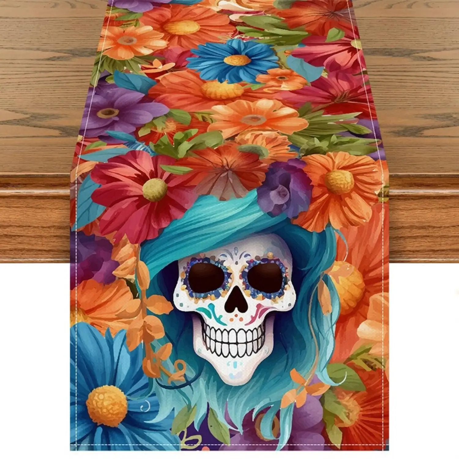 

Dia De Los Muertos Mexican Table Runner, Sugar Skull Decor,Rustic Linen Day of The Dead Decorations,Fiesta Party for Home Dining