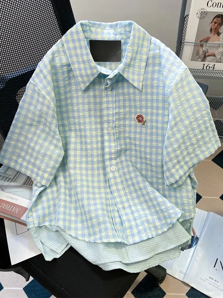 

Casual Women Vintage Plaid Shirt Sweet Loose Short Sleeve Summer Cute Blouse Korean Retro Floral Patchwork Two Tops
