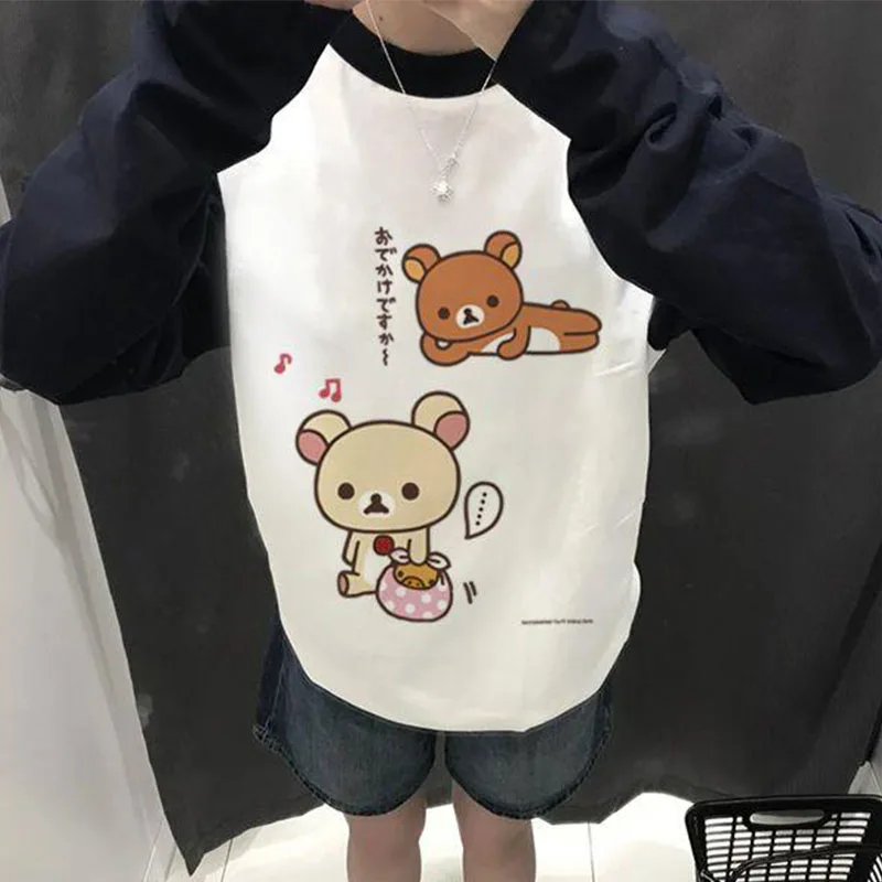 New Kawaii Cute Rilakkuma Long Sleeves Printed Pure Cotton Shoulder Length Long Sleeves Loose Mid Length Top Gift For Girls