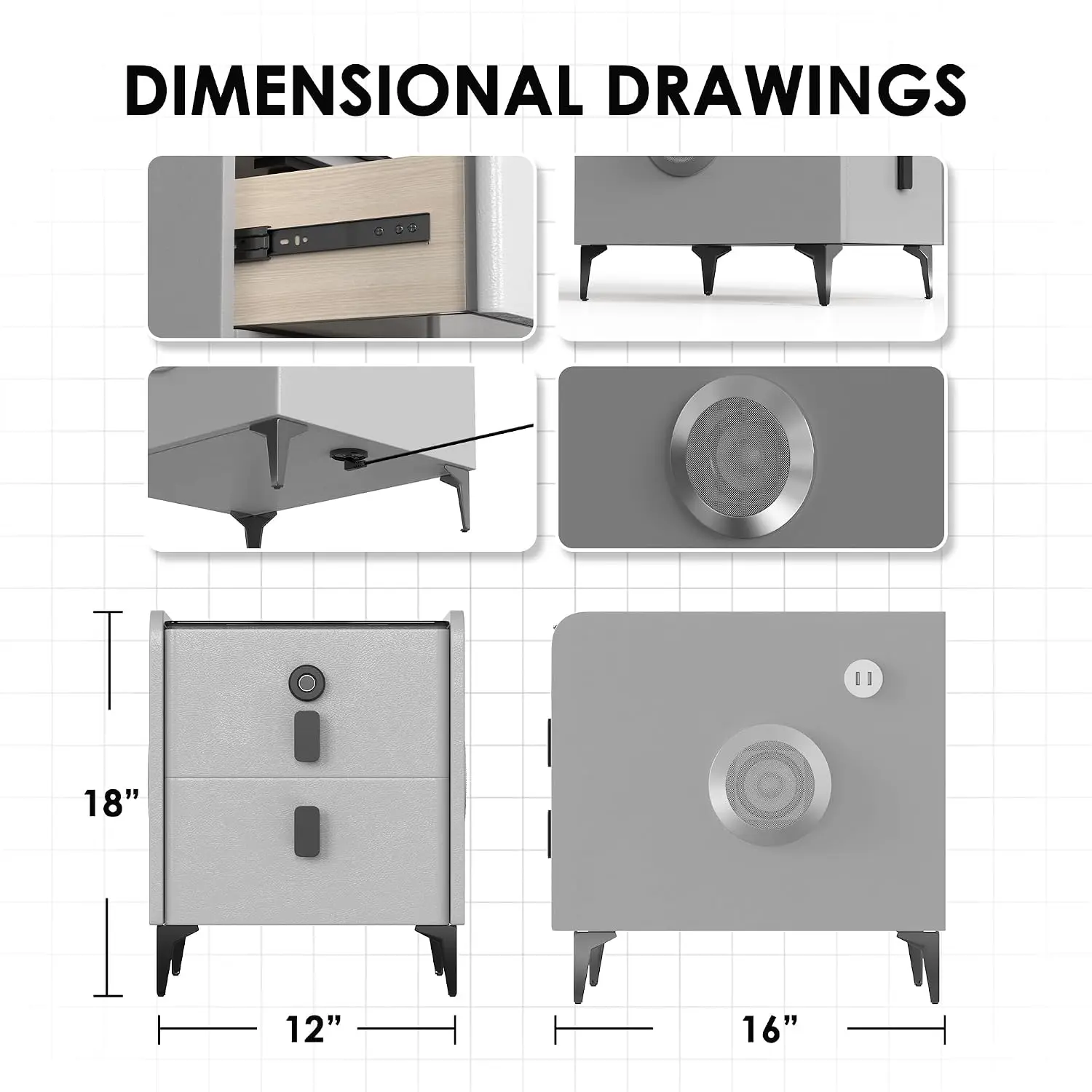 Nightstand With 2 Drawers, Wireless Charging, 3 LED Lights & Bluetooth Speaker, Modern Bedside Table For Bedroom, Customized