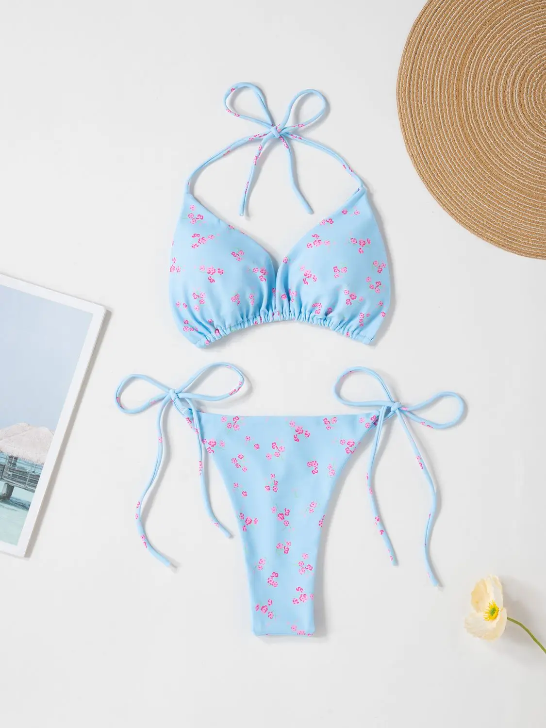 Women Light Blue Ditsy Floral Print Bikini Set Halter Tie Side Triangle Swimsuit Cute Sweet Two Piece Swimwear for Summer Beach