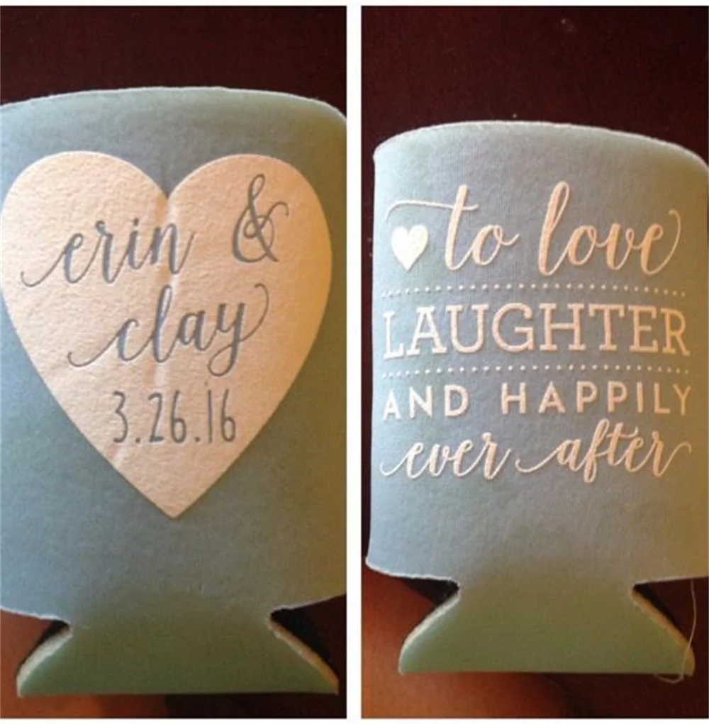 Heart - Wedding Can Cooler #13R - Custom - Love and Laughter and Happily Ever After-Bridal Wedding Favors, Beverage Insulators,