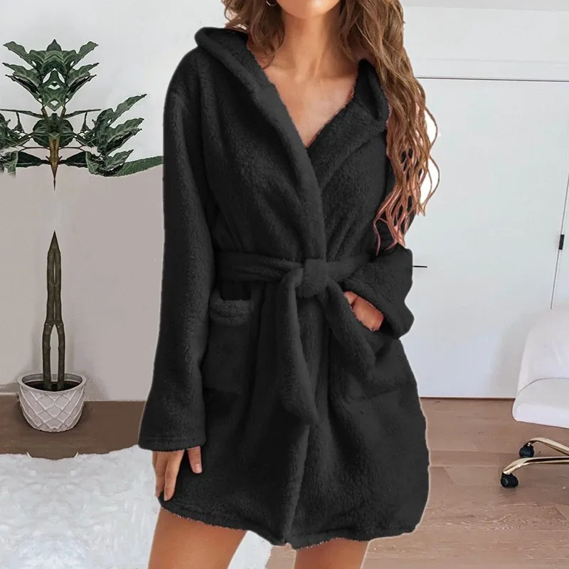 Herbst Winter Damen Sexy Bademantel Flauschiger Plüsch Pyjama Damen Kapuzen-Bademantel Einfarbiger Morgenmantel Warmer Bademantel Damen Loungewear – Detail 9
