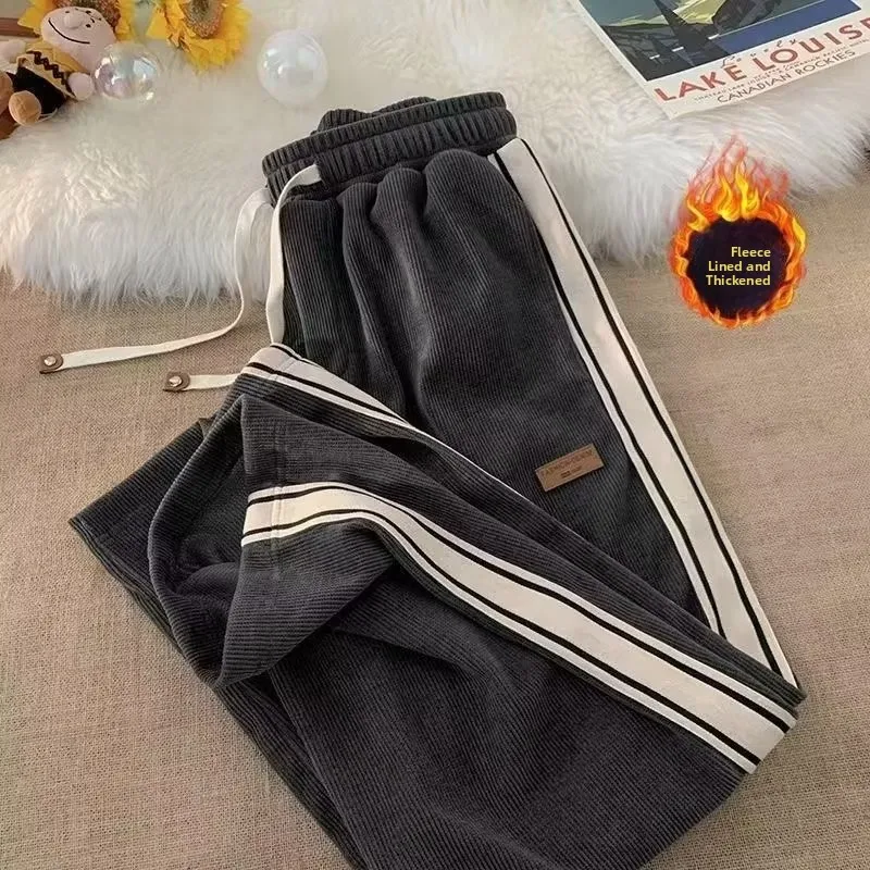

plus Size Women's Loose Straight Leg Sporty Wide Leg Pants Trendy Corduroy Casual Autumn Winter Fleece Lined Trousers