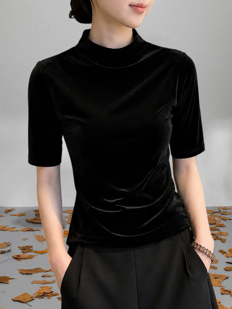 Women's Mid-Sleeve Velvet Base Shirt Early Autumn Half High Collar Slim Fit T-Shirt Casual Style Universal Fit Five Sleeve Le...