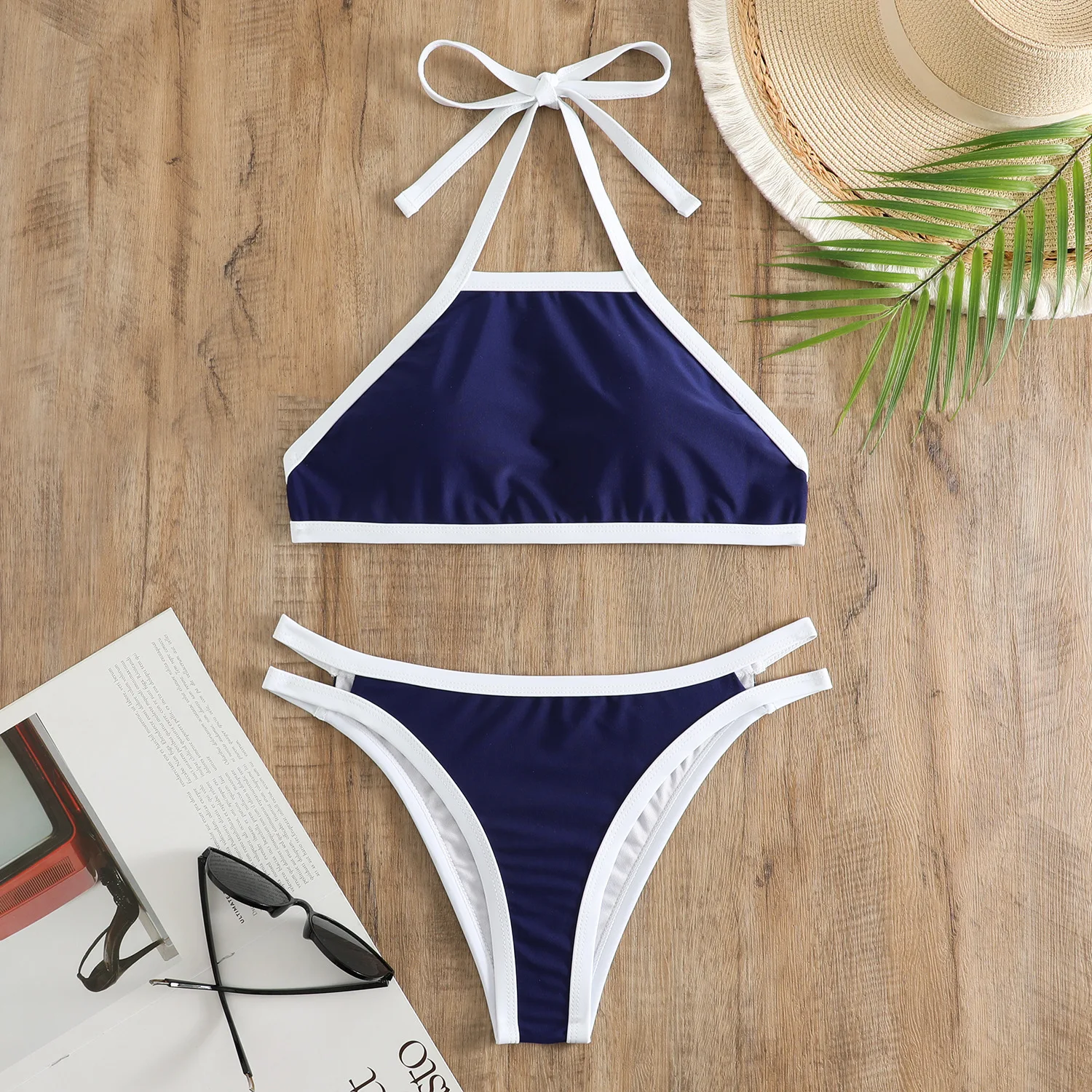 Sexy Neckholder-Bikini-Sets mit Krawatte, Patchwork, zweiteilig, rückenfrei, hohe Taille, Badeanzug, Bademode, conjunto de Bikini, Tankini, Strandmode