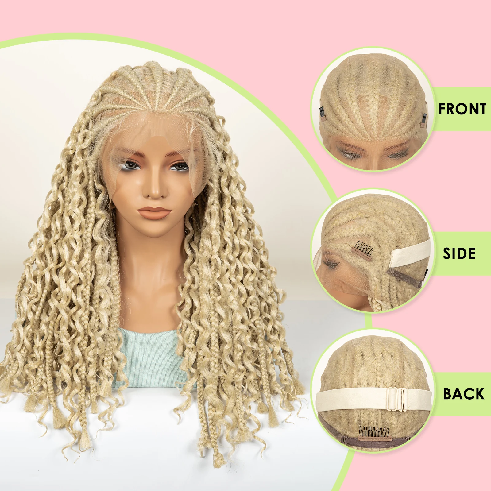 20inch Synthetic Cornrow Braided Wigs Half Braids Half Bohemian Wig 613# for Black Women Knotless Fashion Wig Sytlish