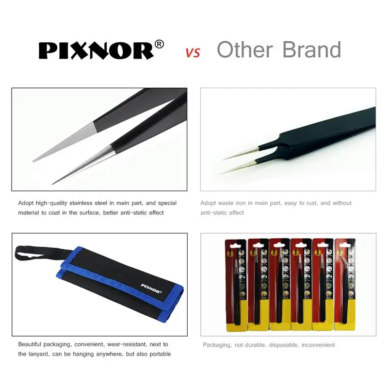 PIXNOR 9pcs Premium Anti-static ESD Stainless Steel Tweezers Set with Case for Electronics / Jewelry-making / Laboratory Work /