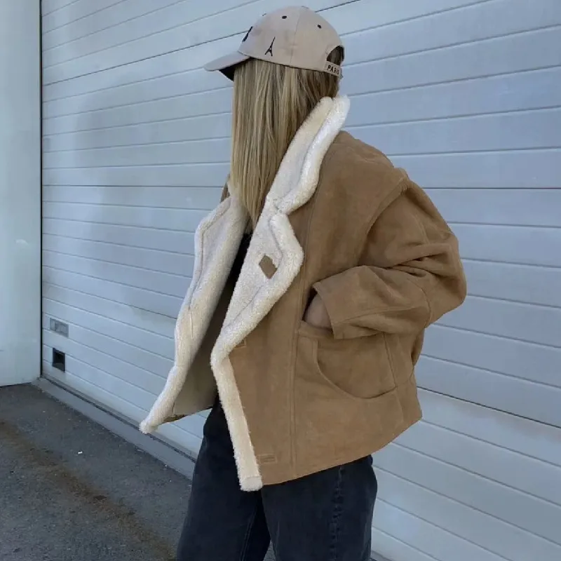 2023 Women Lapel Long sleeve Furry Single-breasted Buttons Warm Jacket Loose Outerwear Winter Vintage Suede Lamb Fur Coat